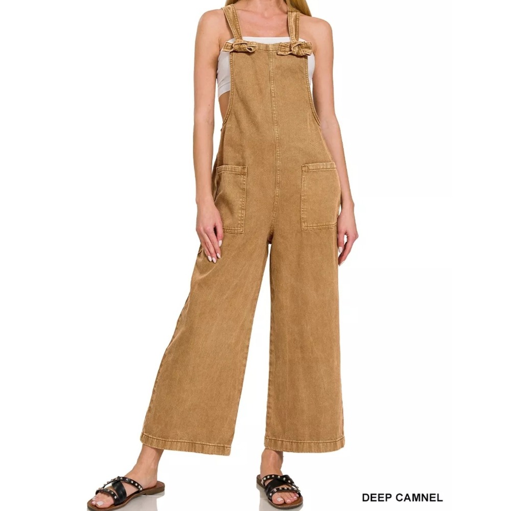 Zenana Deep Camel Washed Cotton Knot Strap Wide Leg Pocket Jumpsuit Overalls Lg